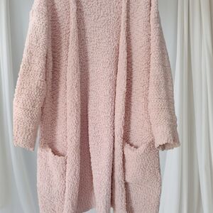 Pink Bouclé Cardigan Sweater with Open Front